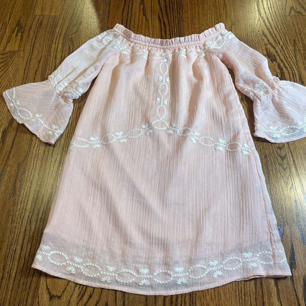 Foxiedox Off-The-Shoulder Embroidered Plisse Mini Dress in Blush Pink